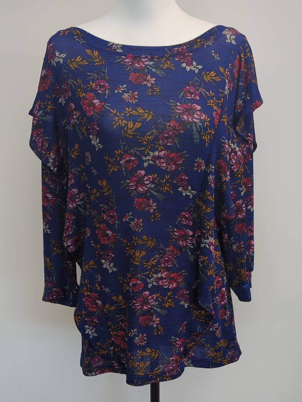 Free People Dock Street Blue Floral Draped Ruffle-Trim Long Sleeve Blouse LARGE